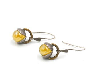 Vintage Modernist Sterling, Brass & Glass Marble Dangle Earrings 1.4"