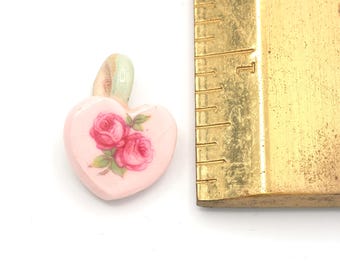 Vintage Ceramic Pink Heart Rose Pendant .97"