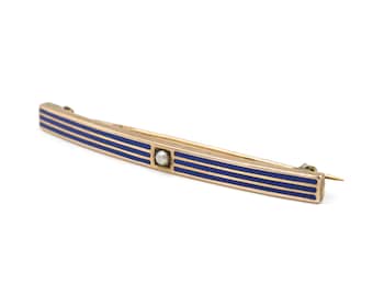 Antique Art Deco 14K Yellow Gold Enamel & Seed Pearl Bar Brooch 2.1" (2.3 gr) / Art Deco 14k Gold Tie Bar Accessory Jewelry