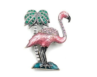 Vintage Rhinestone & Enamel Flamingo Brooch  // Vintage Flamingo Pin // Pink Flamingo Jewelry