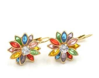 Vintage Rhinestone Flower Dangle Earrings .9"