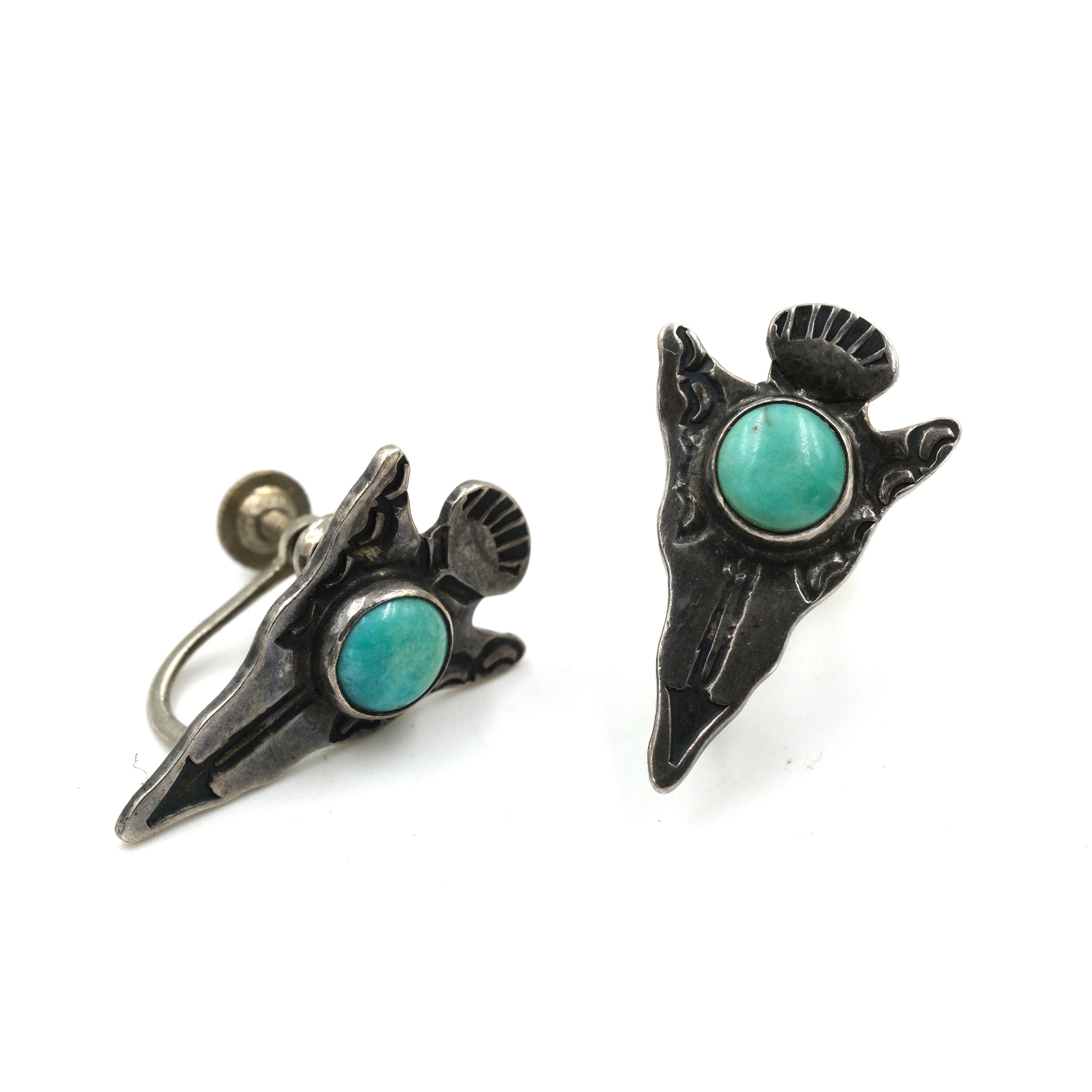 Vintage Sterling & Turquoise Arrowhead Earrings // Screw Back Fred Harvey Era // Vintage Arrowhead // Green Turquoise / Fred Harvey Earrings