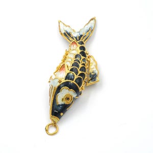 Vintage Cloisonné Fish Pendant 2.4&quot; // 1970s Articulating Fish Necklace // Black & Blue Fish Necklace