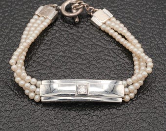 Vintage 90s Polo Ralph Lauren Sterling & Faux Pearl Designer Bracelet 7.5"