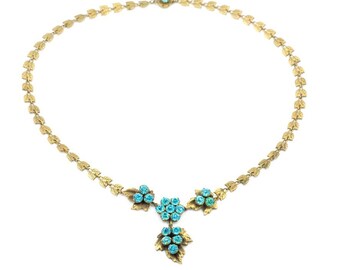 アンティークガラス、ブルーのシルバーペンダントネックレス // 1940