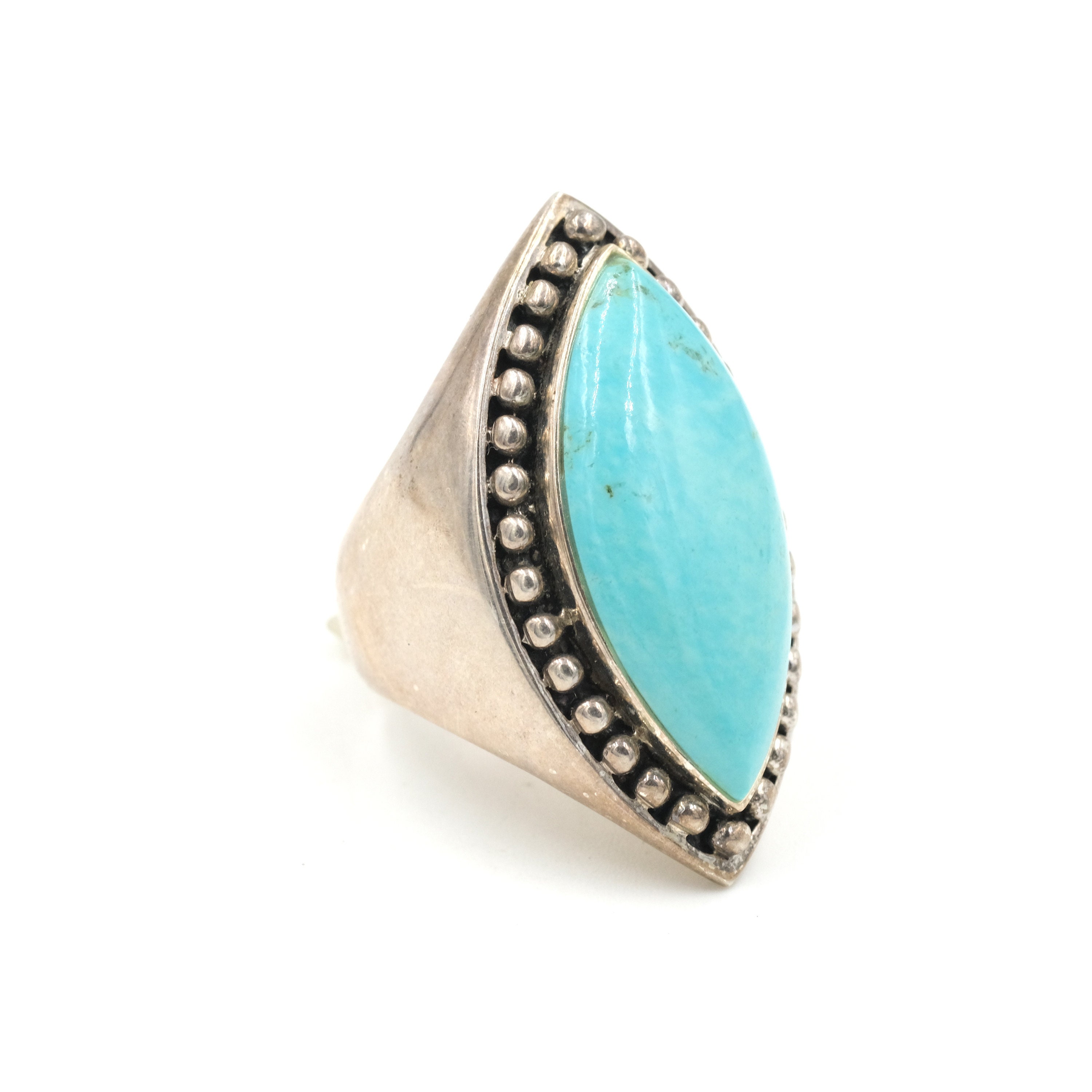 Bague Ancienne En Argent Massif Sertie D'une Turquoise - Style Floral 19ème Siècle - Taille 54.5