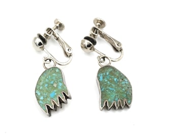 Vintage 1970s Sterling & Turquoise Chip Inlay Screwback Earrings 1.3"