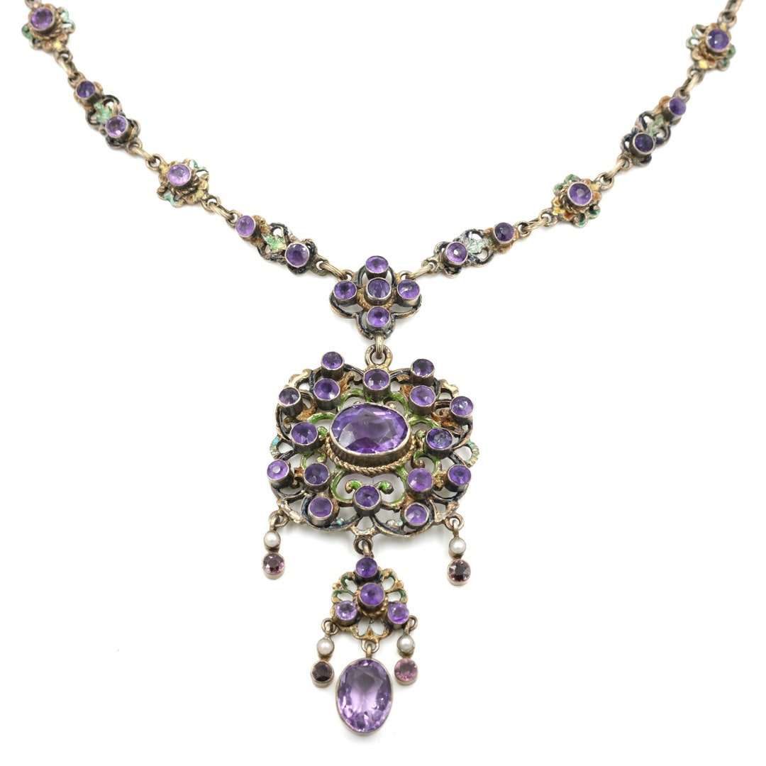 Antique Sterling Enamel Amethyst and Pearl Necklace // Austro Etsy
