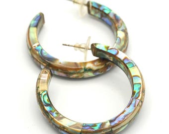 Vintage Abalone Statement Hoop Earrings 1.65"