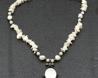 Vintage Mother of Pearl Beaded Necklace with Reversible Sterling Pendant 18.5"
