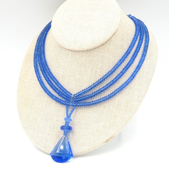 Vintage Blue Glass Collar Necklace 15" // Antique Sautoir Style Collectible Art Deco Era Cornflower Blue Glass Jewelry