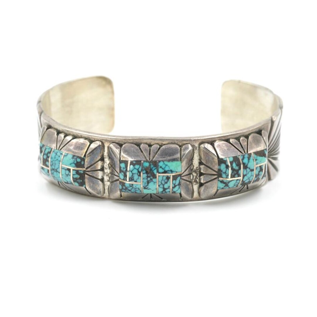 Vintage Navajo Turquoise Coral and Onyx Inlay Sterling Cuff