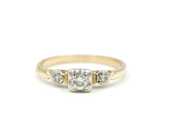 Vintage 1940s 10Kt Gold & Diamond Engagement Ring // Three Stone Engagement Ring // Mid Century Engagement Ring