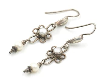 Vintage Sterling & Mother of Pearl Dangle Earrings 2"