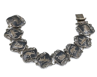 Black Enamel Siam Sterling Panel Bracelet // Vintage Siam // Vintage Elephant