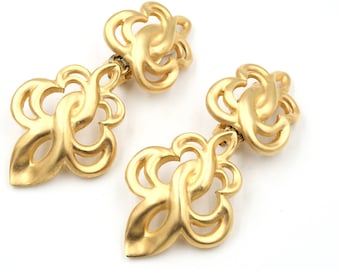 Vintage Matte Gold Tone Clip On Earrings 2.8" // 90s Art Nouveau Style Jewelry