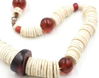 Vintage Handmade Ostrich Eggshell, Glass, Amber & Copper Statement Necklace 28.5"