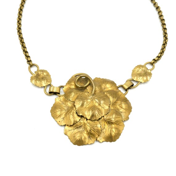 Vintage Brass Leaf Statement Necklace 16.75" - image 3