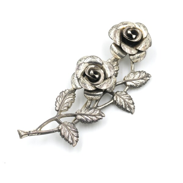 Vintage Sterling Rose Brooch 2.9" // Large Flower Pin // Mid Century Rose Brooch // Silver Statement Lapel Pin