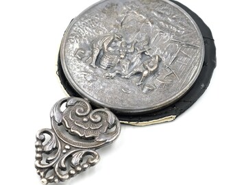 Vintage Danish Pocket Mirror with Sleeve 4.25" // Silver Plated Accessories // Repousse Village Scene