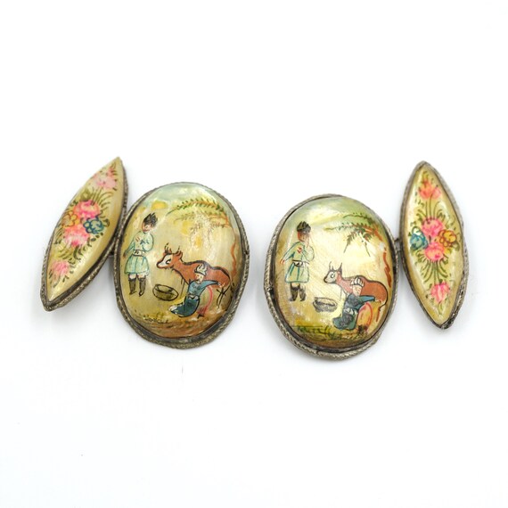 Shell Cufflinks Antique Sterling Hand Painted Shell Cufflinks // Anti… - Gem