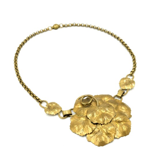 Vintage Brass Leaf Statement Necklace 16.75" - image 2