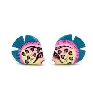 Vintage Wood Tropical Fish Clip On Earrings 1.2"