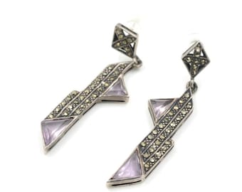 Vintage Art Deco Style Sterling, Marcasite & Amethyst Earrings 2.1"