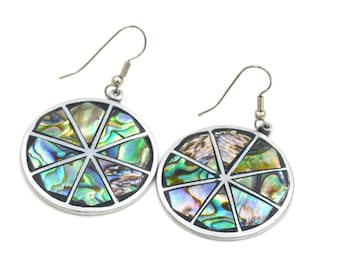 Vintage 1980s Mexican Rainbow Abalone Alpaca Earrings 2.1"