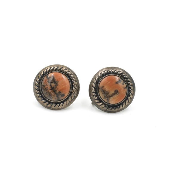 Vintage Sterling Silver Petrified Wood Screwback Earrings .6" - Fred Harvey Era