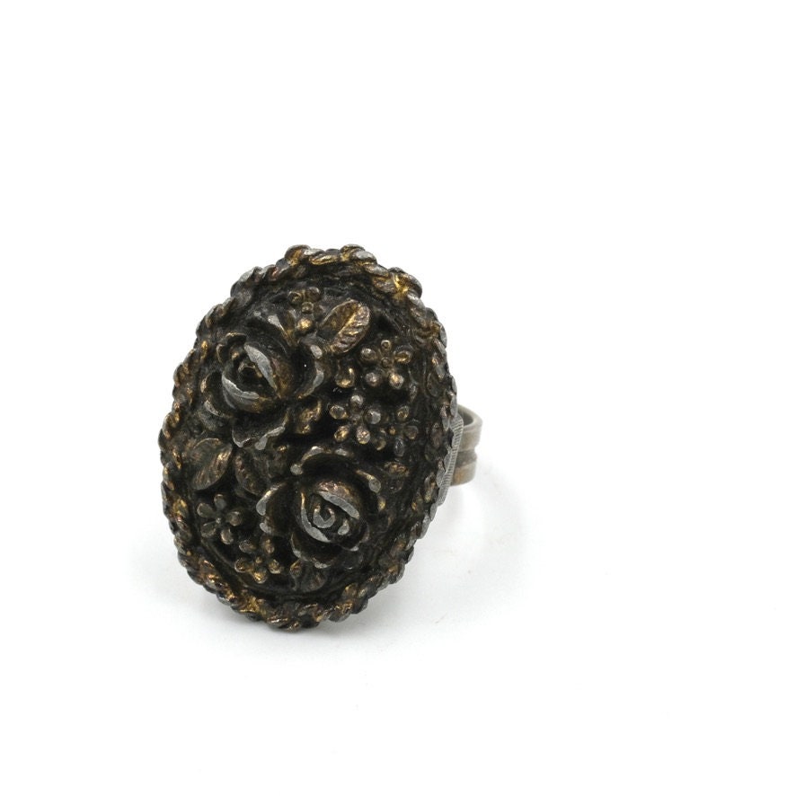 Vintage Adjustable Silver Toned Flower Ring - Size 7.5 // Old Floral Ring // Heavy Metal Jewelry
