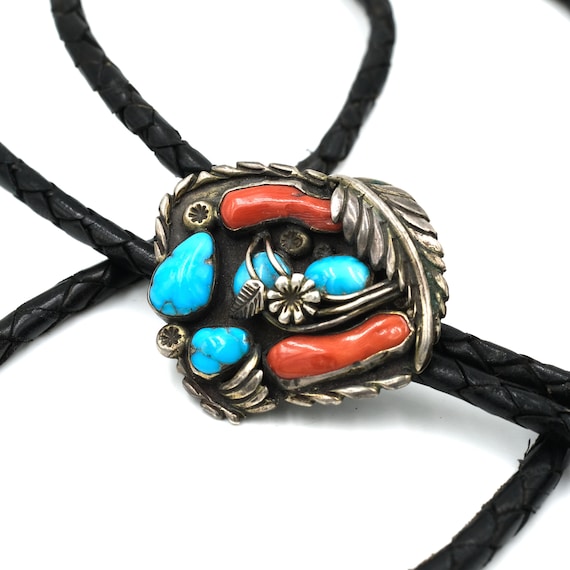Vintage Turquoise & Coral Bolo by Kevin Lee Barnh… - image 2