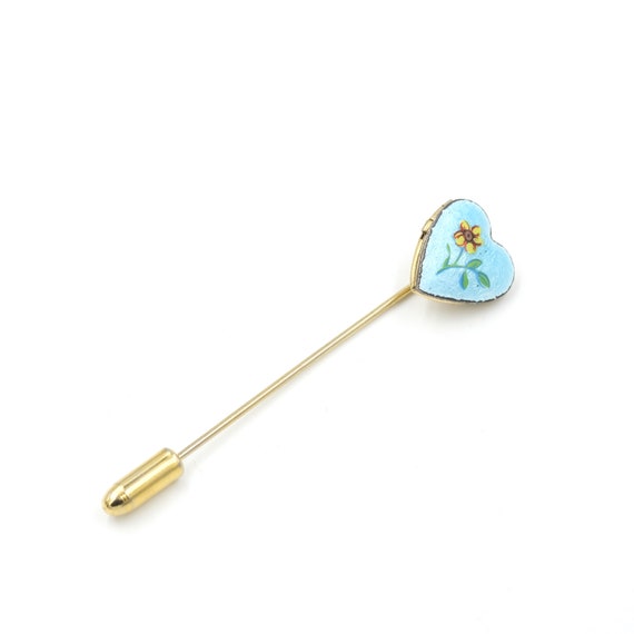 Vintage Enamel Heart Locket Stick Pin 2.4" // Vin… - image 1