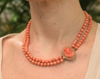 Vintage Knotted Coral Double Strand Necklace with 14k Gold Coral Cameo Clasp "