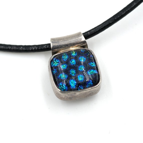 Vintage Dichroic Glass & Sterling Pendant on Leat… - image 2