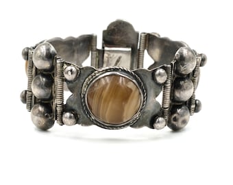 Vintage 1940s Sterling Banded Agate Mexican Panel Bracelet 7"