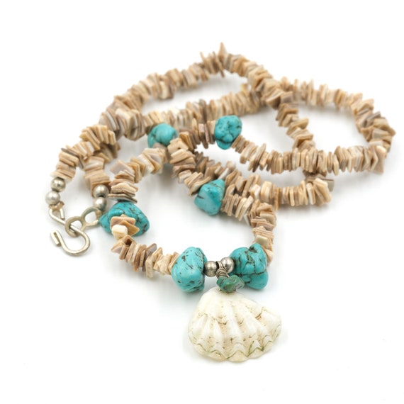 Collier Vintage Coquillages Et Nacre Turquoise – Occasion, Style Irisé Marin