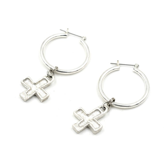 1990's Silver Tone Cross Hoops 2.3" // Statement … - image 5