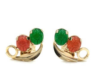 Vintage 1960s Scarab Clip On Earrings, Gold Filled Egyptian Revival