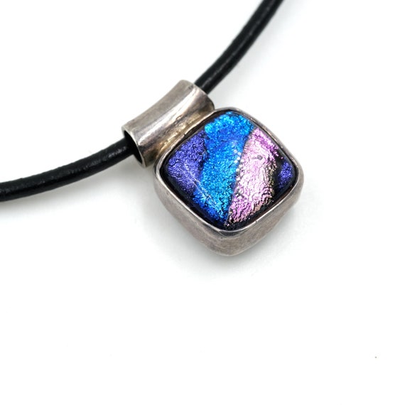 Vintage Dichroic Glass & Sterling Pendant on Leat… - image 3