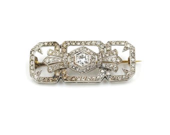 Antique 14k Gold, Platinum & Diamond Bar Brooch 1.35"