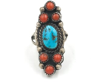 Vintage 70s Navajo Style Petit Point Turquoise & Coral Ring, Size 6.25