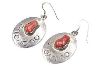 Vintage Navajo Sterling & Coral Earrings by Vernon Begay 1.8"