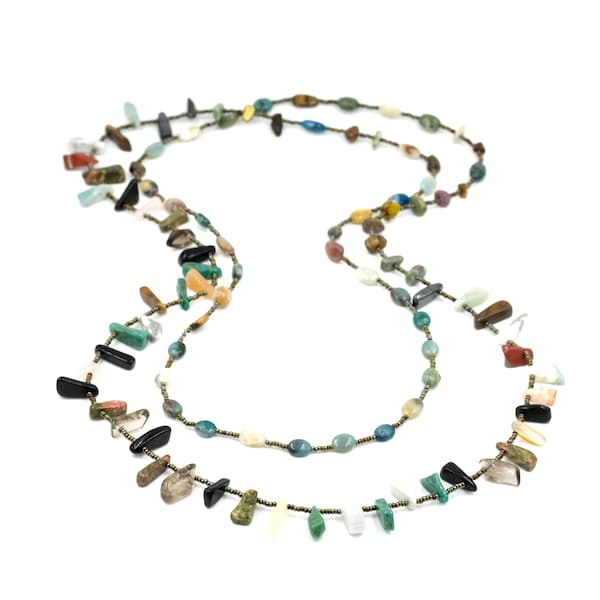 Vintage Gemstone & Seed Bead Treasure Necklace ~60"