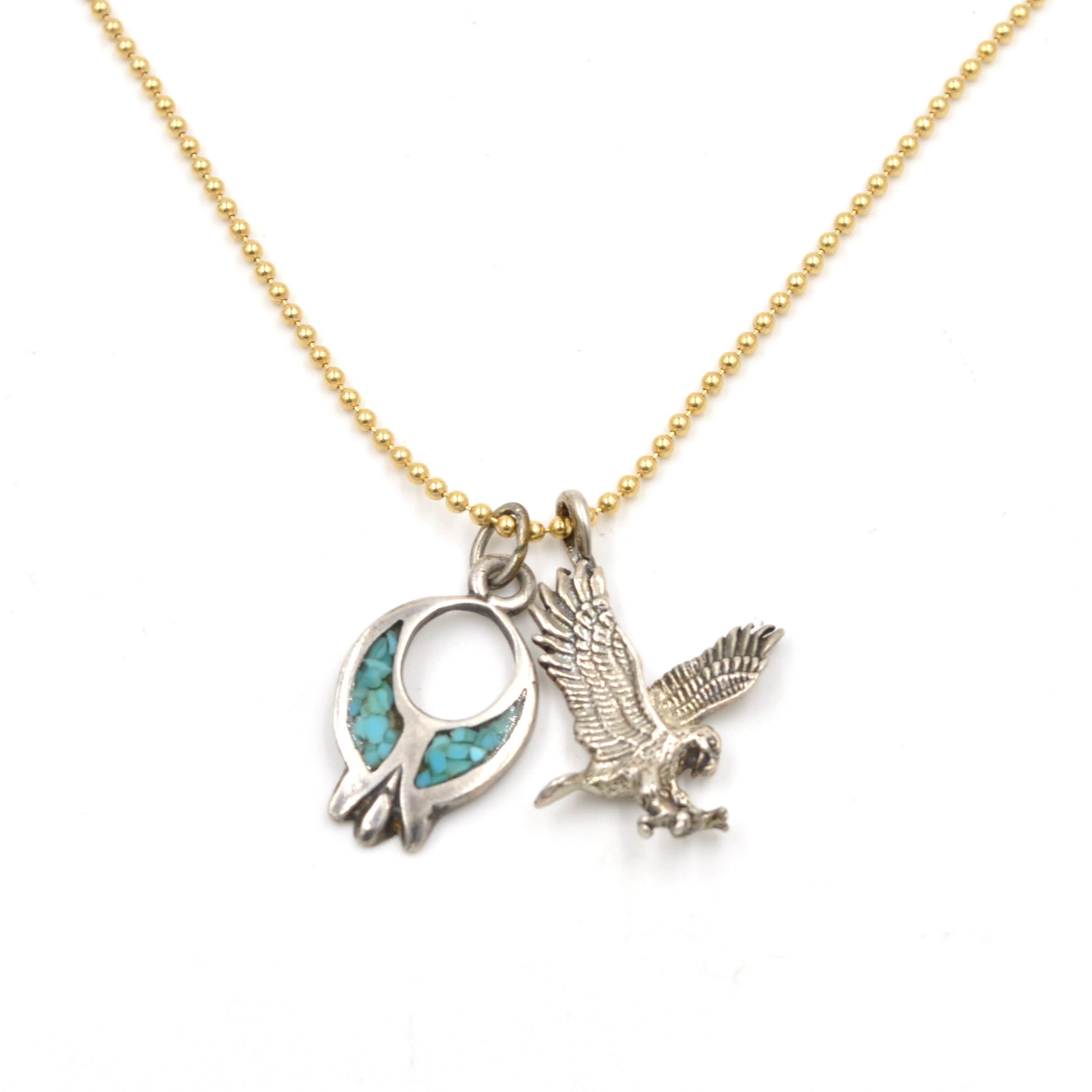 Turquoise Inlay Eagle Vintage Eagle & Turquoise Inlay Blossom Charm Necklace 18.5 to 20.5