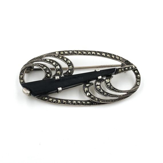 Vintage Onyx & Marcasite Sterling Silver Brooch // Vintage Brooch // Onyx Brooch // Marcasite Brooch