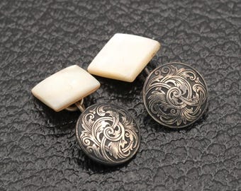 Vintage Engraved Sterling & Mother of Pearl Cufflinks .5"