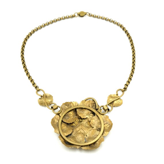 Vintage Brass Leaf Statement Necklace 16.75" - image 4