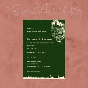 Invito a nozze di una piccola città del Mid West, scheda con dettagli e set di cartoline RSVP Modello Canva digitale / modificabile / download istantaneo