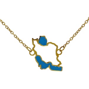 May include: A gold-colored necklace featuring a pendant in the shape of the country of Iran. The pendant has a white interior with blue accents along the borders. The necklace chain is also gold-colored.